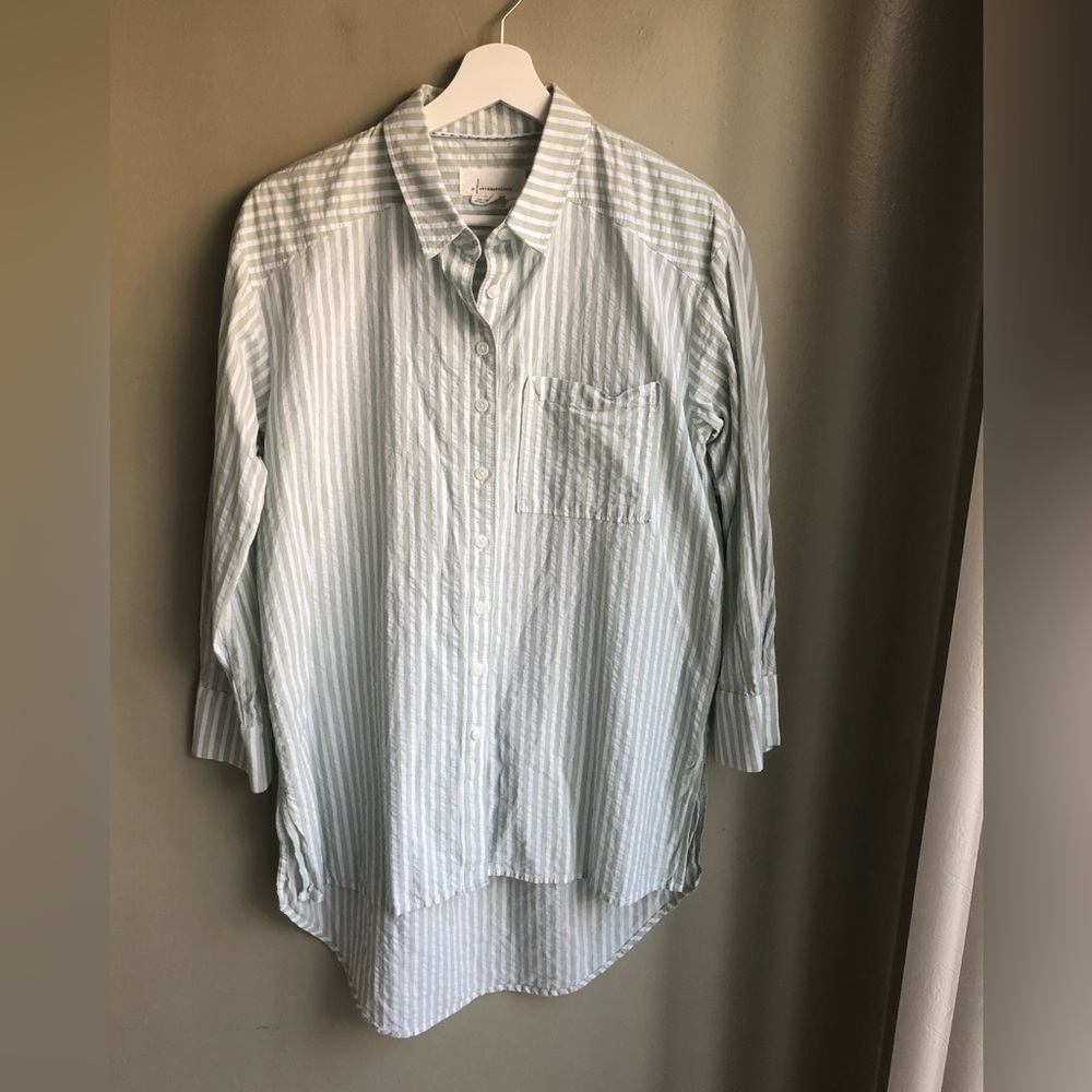 Anthropologie Womens Green White Striped Button Up Shirt Oversize Size: XSP